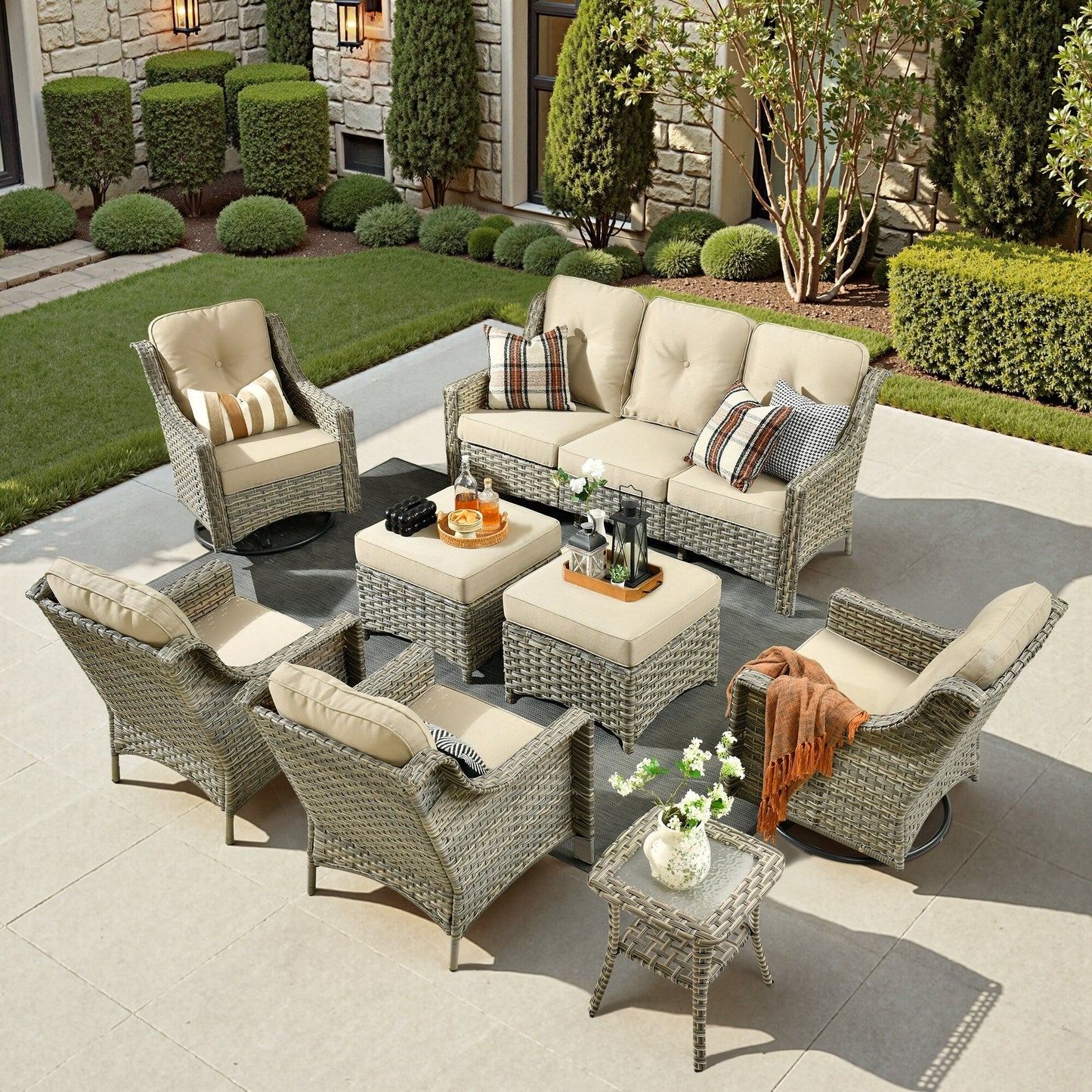 Set di mobili da giardino XIZZI da 8 pezzi, sedie girevoli per esterni in vimini