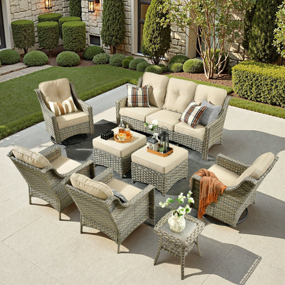 Set di mobili da giardino XIZZI da 8 pezzi, sedie girevoli per esterni in vimini