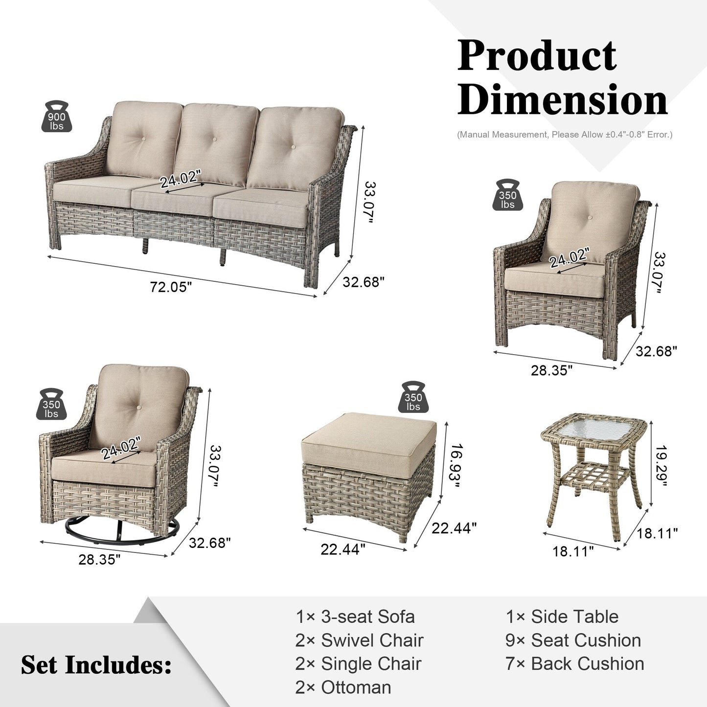 Set di mobili da giardino XIZZI da 8 pezzi, sedie girevoli per esterni in vimini