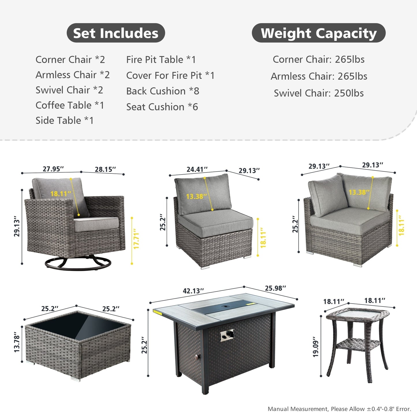 XIZZI 9 pezzi mobili da giardino in vimini sedia a dondolo girevole con tavolo braciere