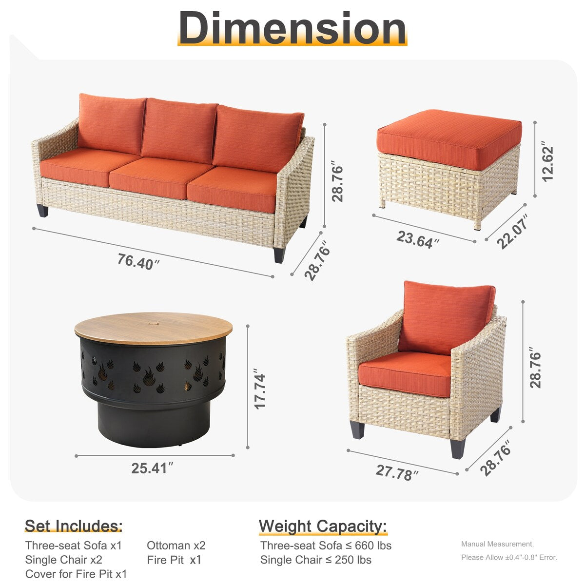 Mobili da giardino in vimini XIZZI da 6 pezzi con braciere a legna