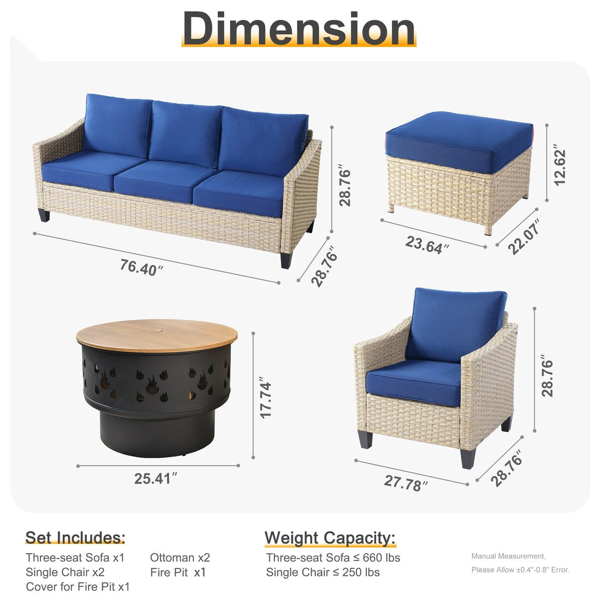 Mobili da giardino in vimini XIZZI da 6 pezzi con braciere a legna