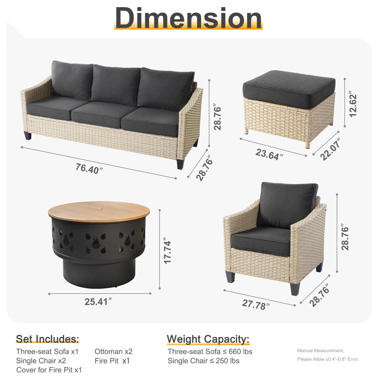 Mobili da giardino in vimini XIZZI da 6 pezzi con braciere a legna
