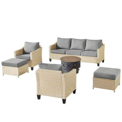 Mobili da giardino in vimini XIZZI da 6 pezzi con braciere a legna