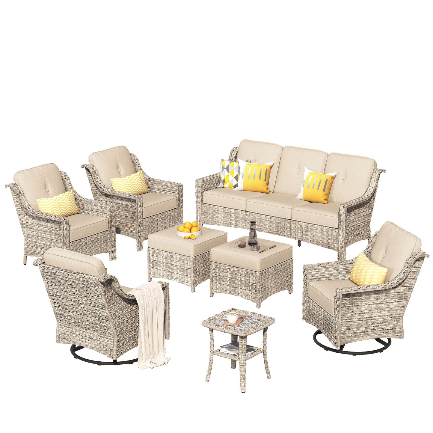 Set di mobili da giardino XIZZI da 8 pezzi, sedie girevoli per esterni in vimini