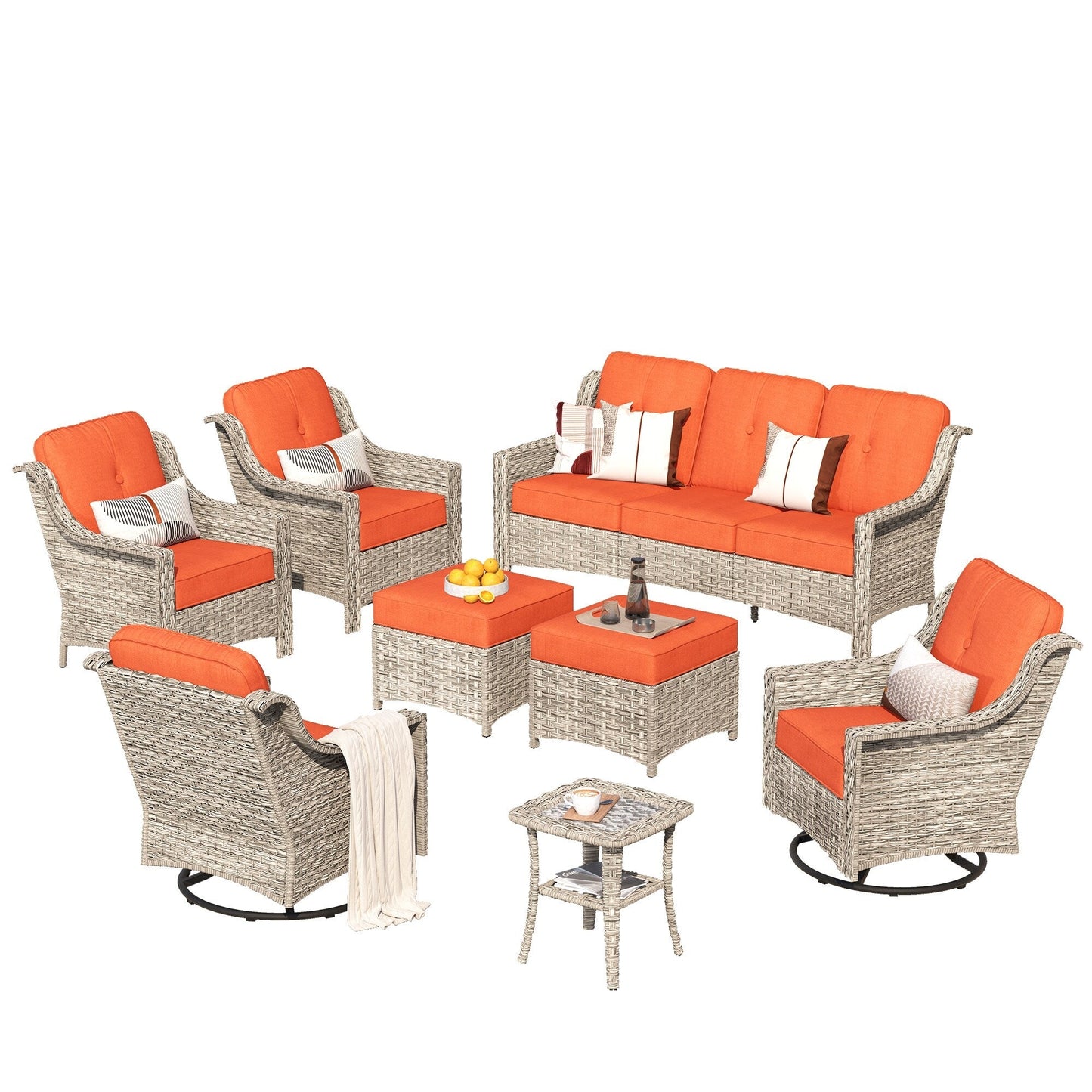 Set di mobili da giardino XIZZI da 8 pezzi, sedie girevoli per esterni in vimini