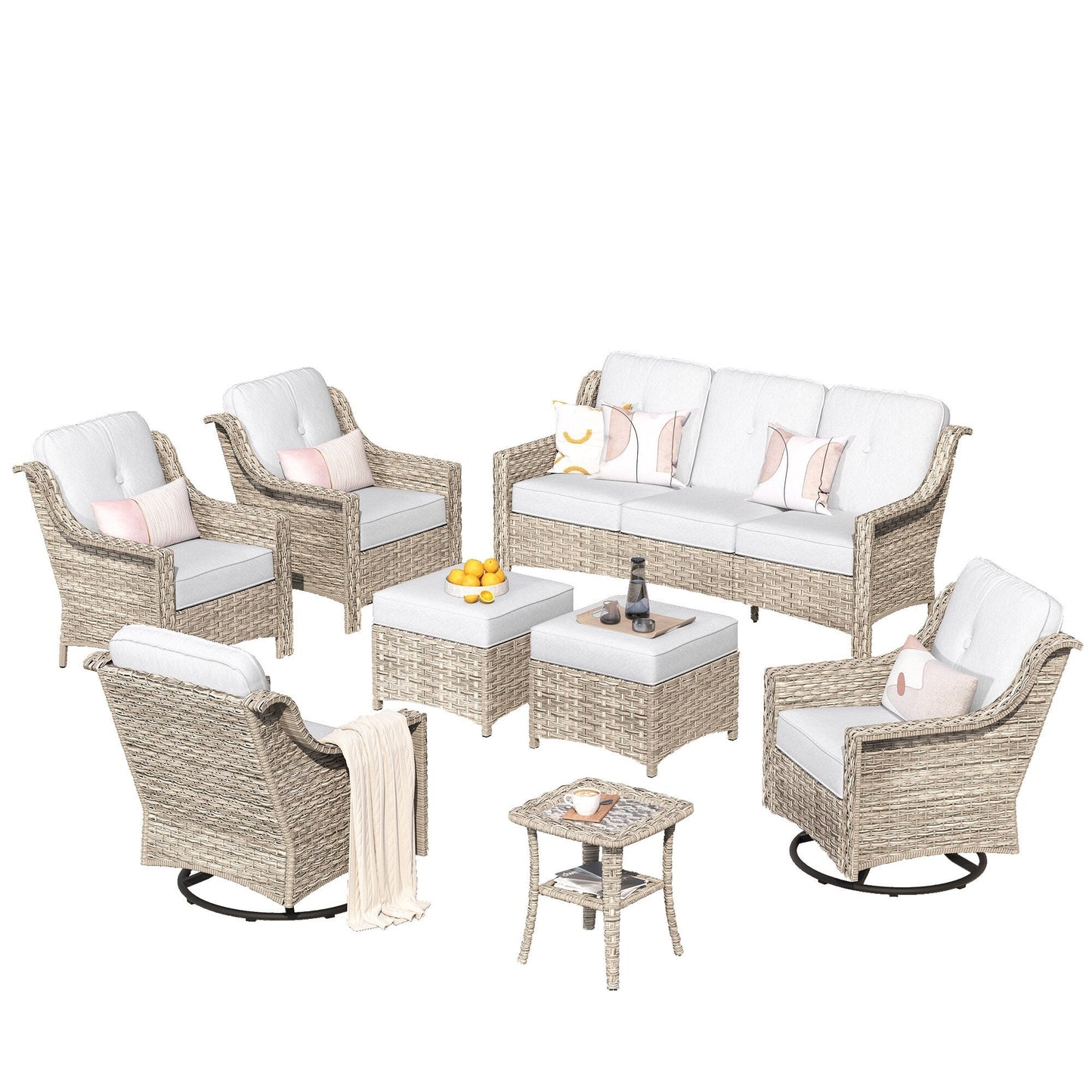 Set di mobili da giardino XIZZI da 8 pezzi, sedie girevoli per esterni in vimini