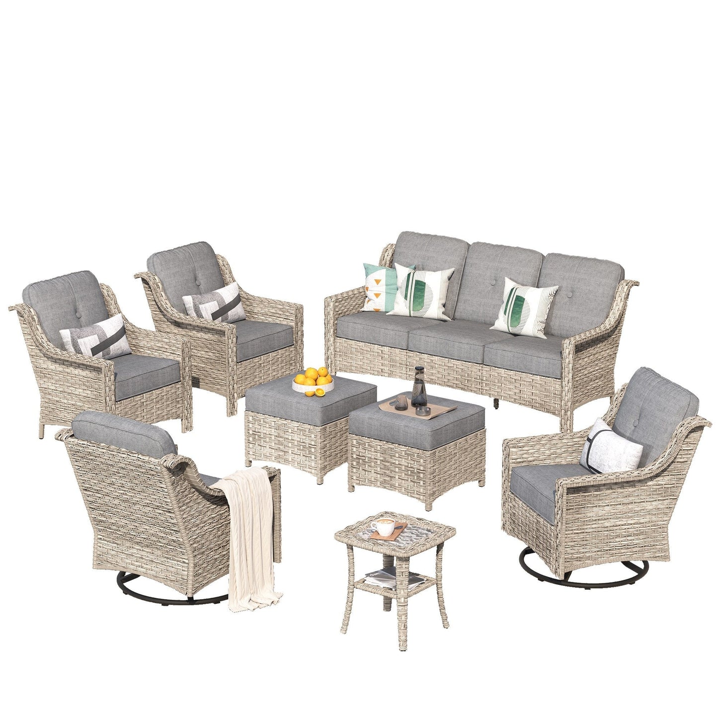 Set di mobili da giardino XIZZI da 8 pezzi, sedie girevoli per esterni in vimini