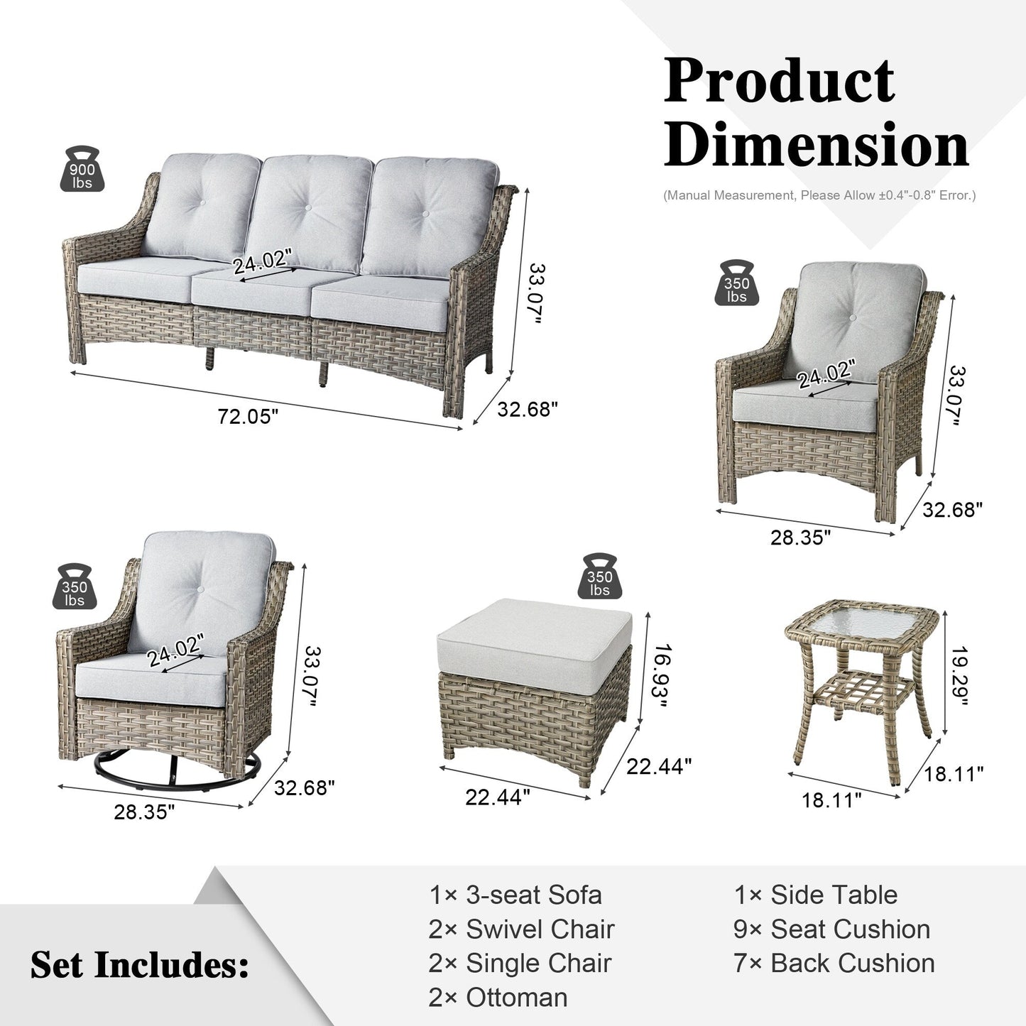 Set di mobili da giardino XIZZI da 8 pezzi, sedie girevoli per esterni in vimini