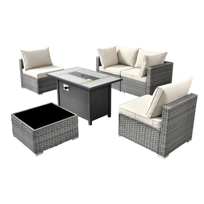 Set di mobili da giardino XIZZI da 6 pezzi, divano componibile in rattan per esterni con braciere