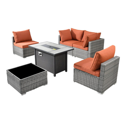 Set di mobili da giardino XIZZI da 6 pezzi, divano componibile in rattan per esterni con braciere