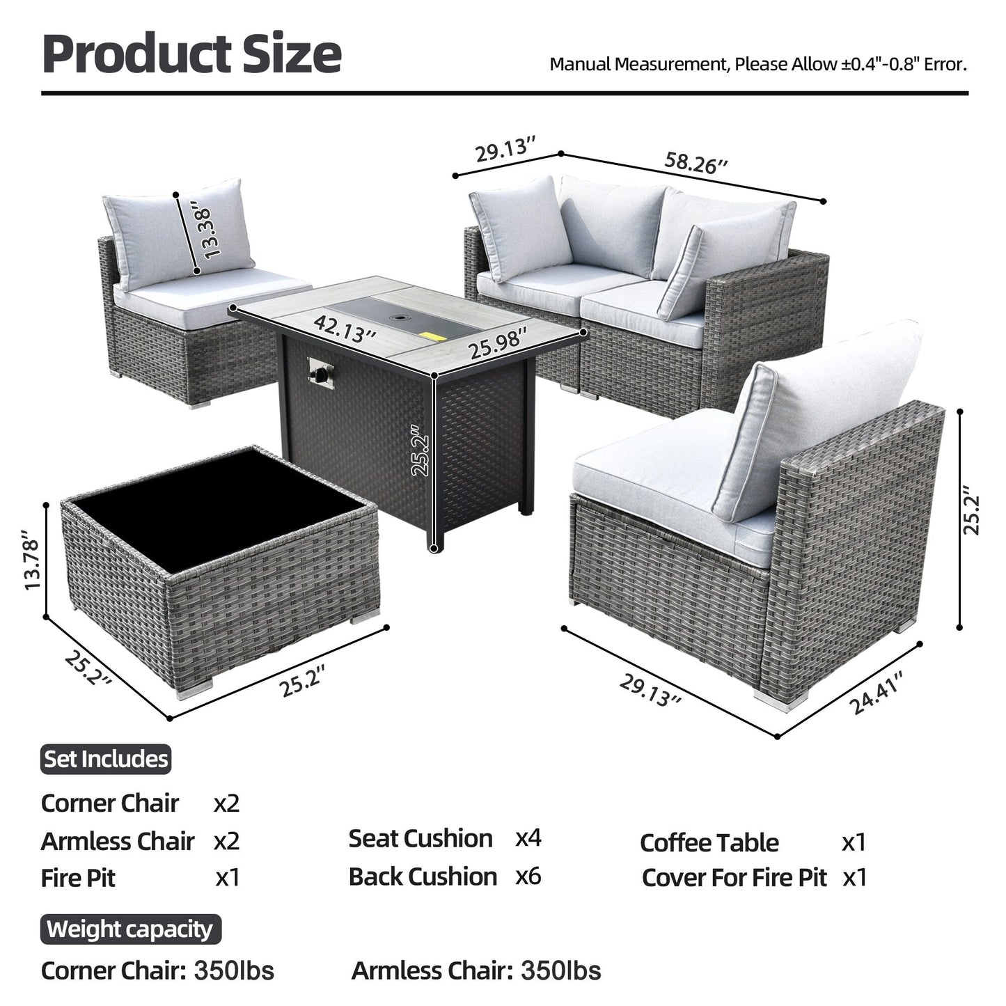 Set di mobili da giardino XIZZI da 6 pezzi, divano componibile in rattan per esterni con braciere