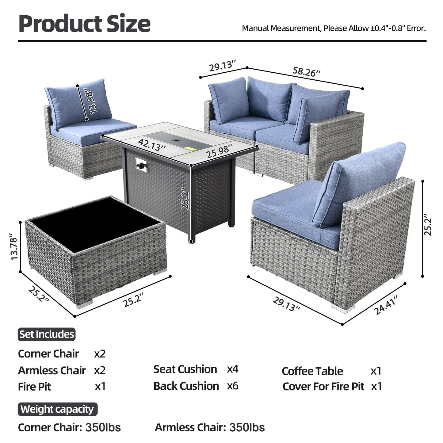 Set di mobili da giardino XIZZI da 6 pezzi, divano componibile in rattan per esterni con braciere