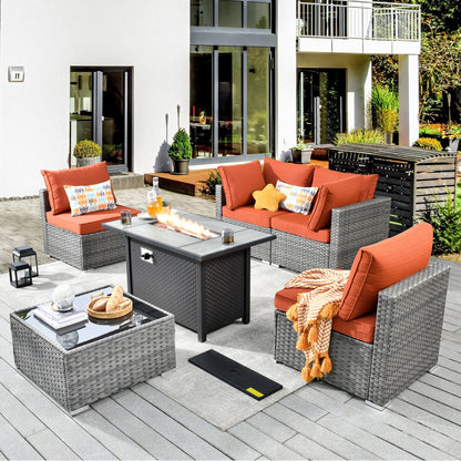 Set di mobili da giardino XIZZI da 6 pezzi, divano componibile in rattan per esterni con braciere