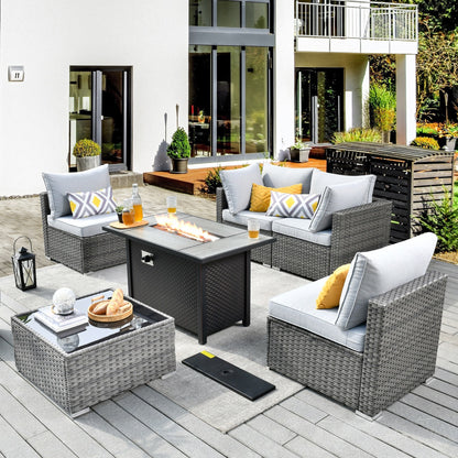 Set di mobili da giardino XIZZI da 6 pezzi, divano componibile in rattan per esterni con braciere