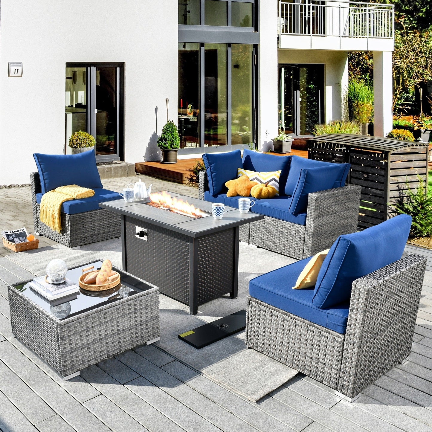 Set di mobili da giardino XIZZI da 6 pezzi, divano componibile in rattan per esterni con braciere