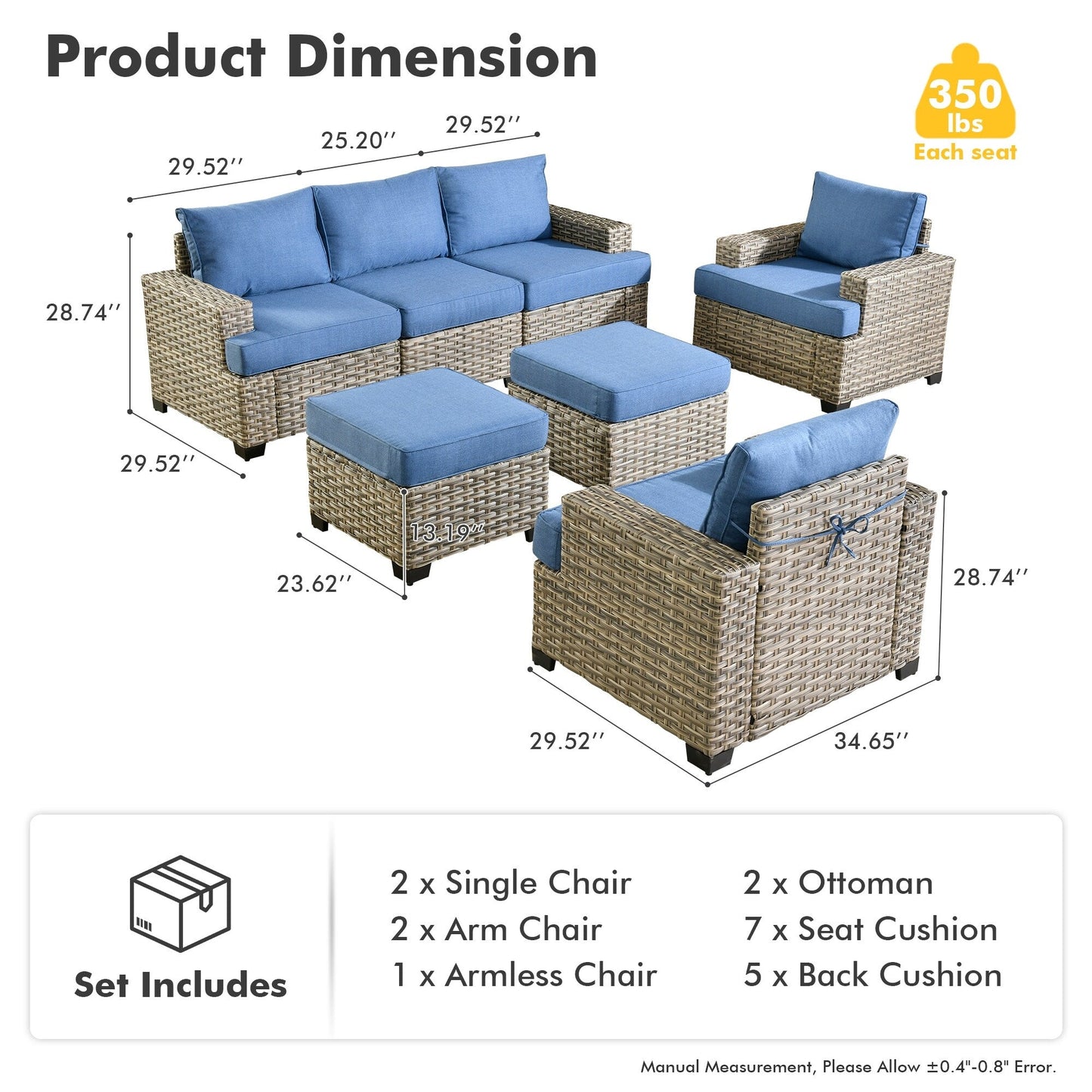 XIZZI Set di divani da conversazione con braccioli larghi e pouf da giardino, 7 pezzi