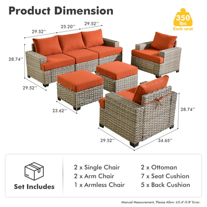 XIZZI Set di divani da conversazione con braccioli larghi e pouf da giardino, 7 pezzi