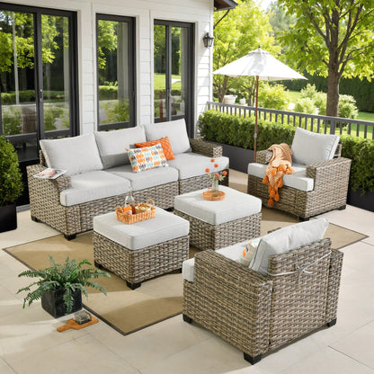 XIZZI Set di divani da conversazione con braccioli larghi e pouf da giardino, 7 pezzi