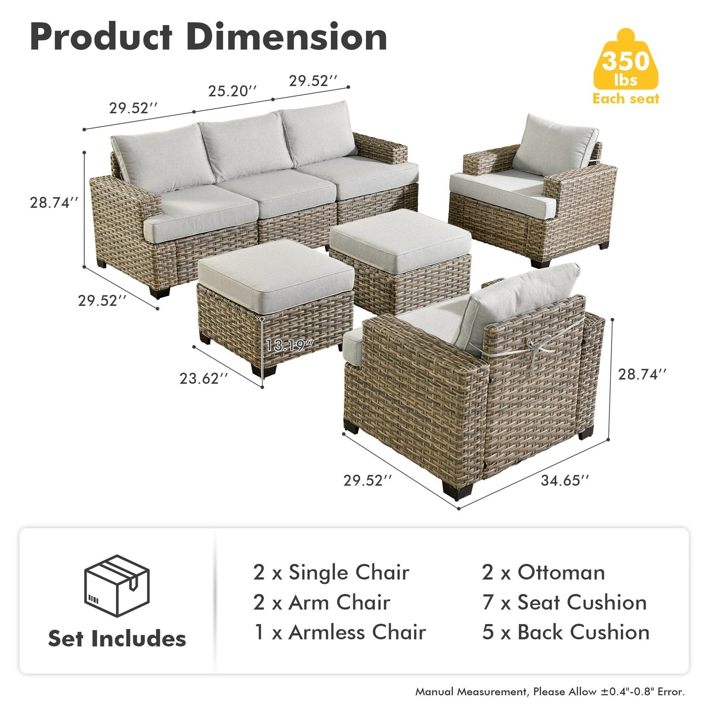 XIZZI Set di divani da conversazione con braccioli larghi e pouf da giardino, 7 pezzi