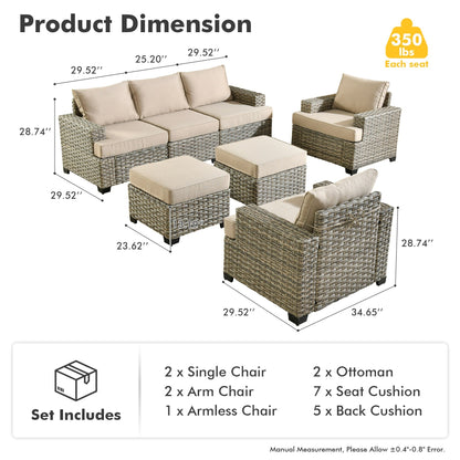 XIZZI Set di divani da conversazione con braccioli larghi e pouf da giardino, 7 pezzi