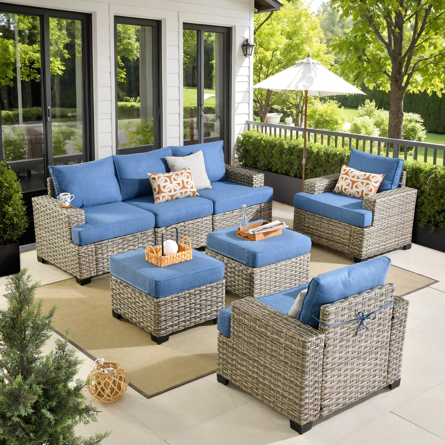 XIZZI Set di divani da conversazione con braccioli larghi e pouf da giardino, 7 pezzi