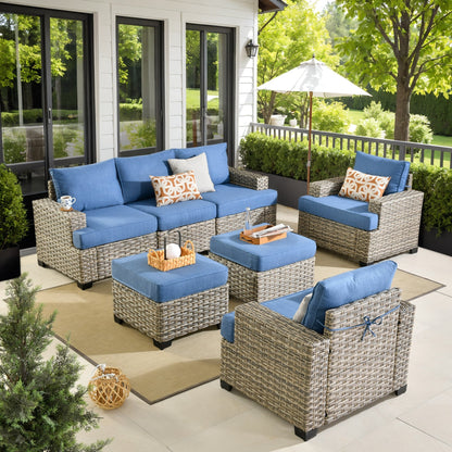 XIZZI Set di divani da conversazione con braccioli larghi e pouf da giardino, 7 pezzi