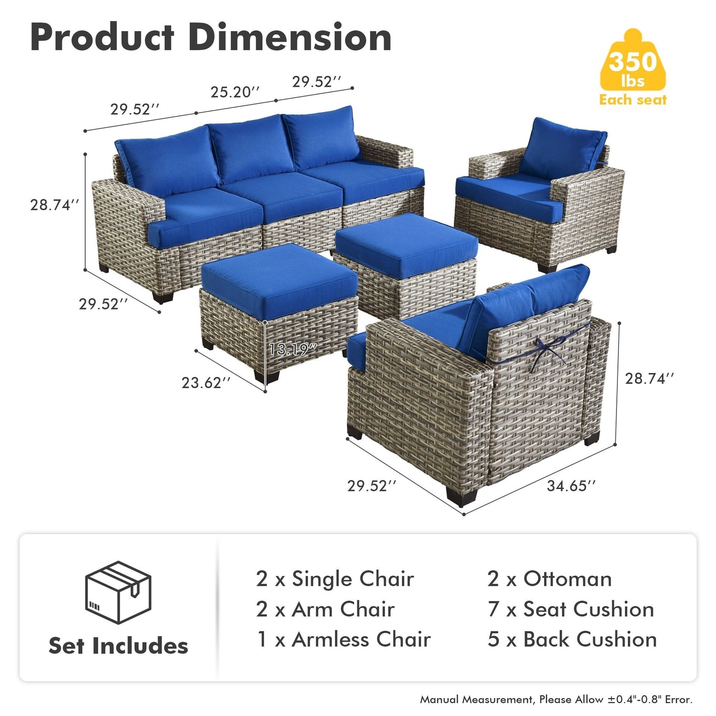 XIZZI Set di divani da conversazione con braccioli larghi e pouf da giardino, 7 pezzi