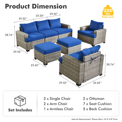 XIZZI Set di divani da conversazione con braccioli larghi e pouf da giardino, 7 pezzi