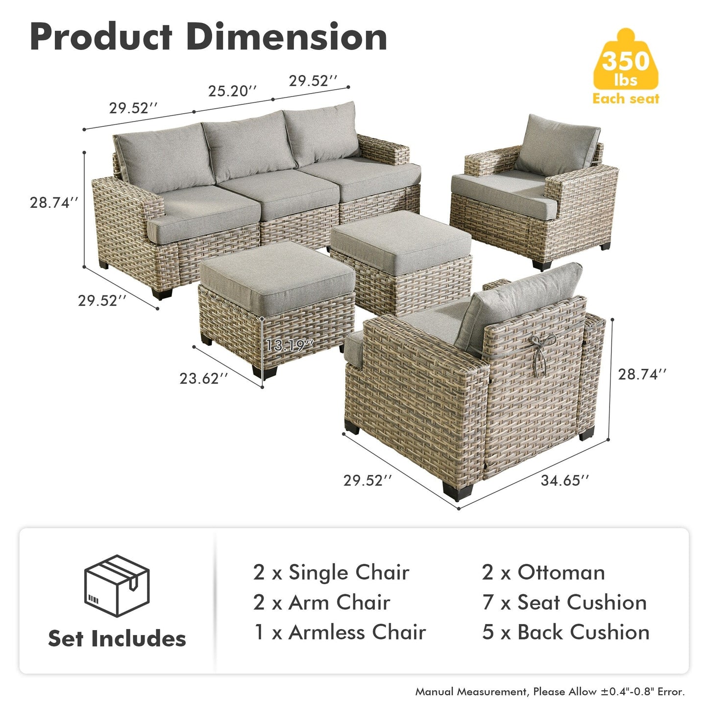 XIZZI Set di divani da conversazione con braccioli larghi e pouf da giardino, 7 pezzi