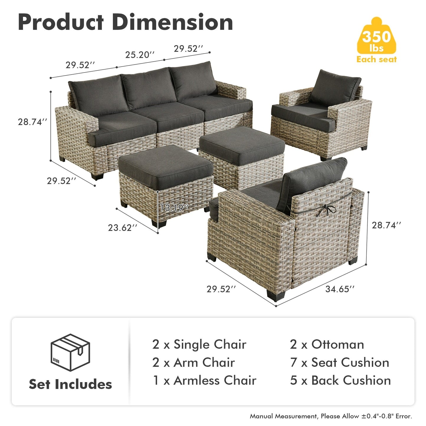 XIZZI Set di divani da conversazione con braccioli larghi e pouf da giardino, 7 pezzi