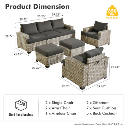 XIZZI Set di divani da conversazione con braccioli larghi e pouf da giardino, 7 pezzi