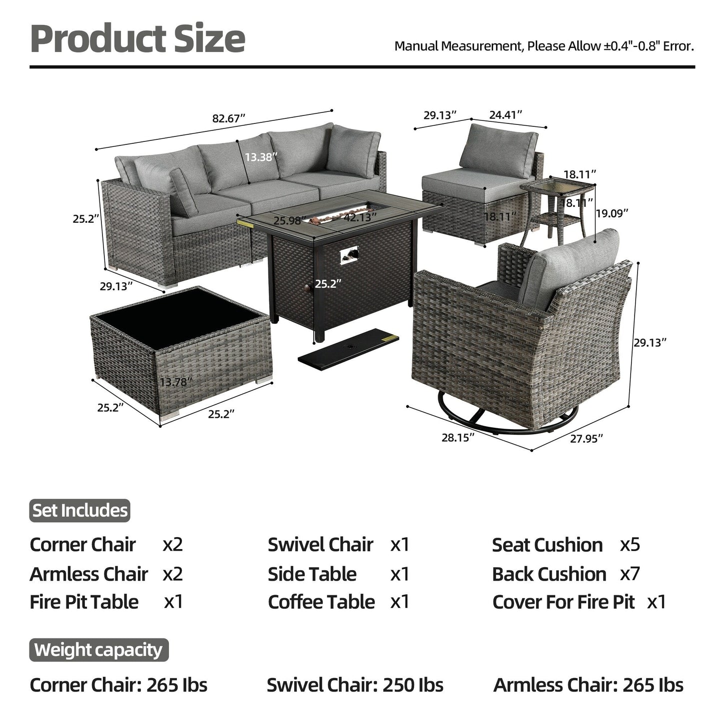Set di 8 sedie girevoli per esterni in vimini da patio XIZZI con tavolo per braciere