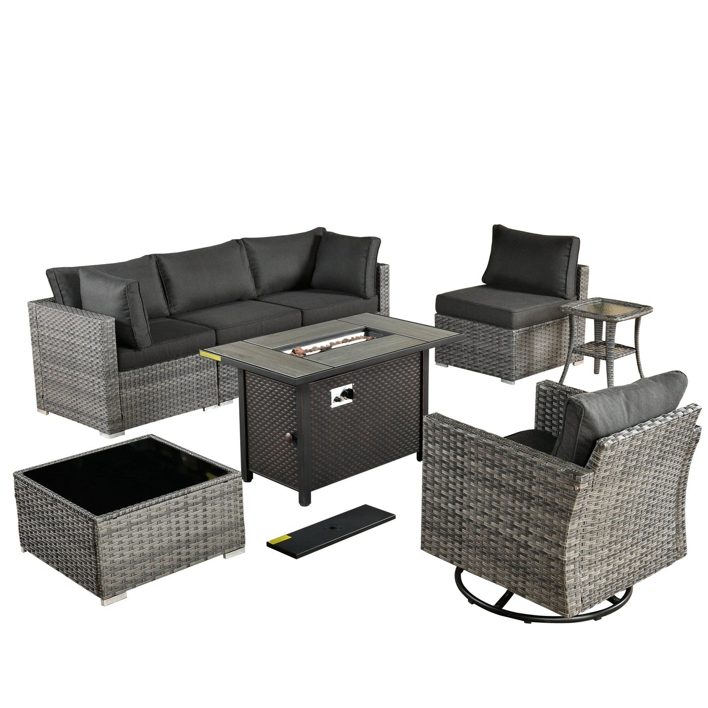 Set di 8 sedie girevoli per esterni in vimini da patio XIZZI con tavolo per braciere