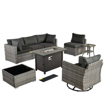 Set di 8 sedie girevoli per esterni in vimini da patio XIZZI con tavolo per braciere