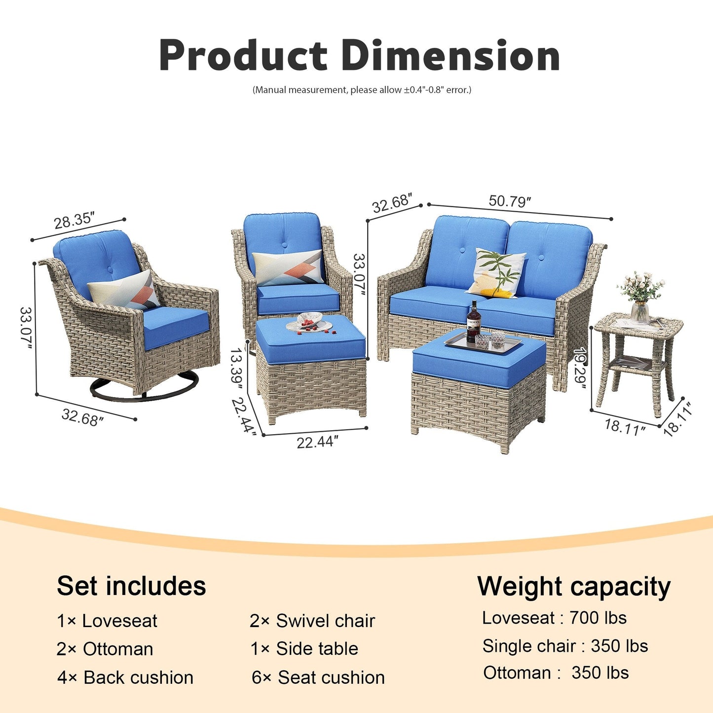 Set di mobili da esterno XIZZI da 6 pezzi con schienale alto e sedia girevole