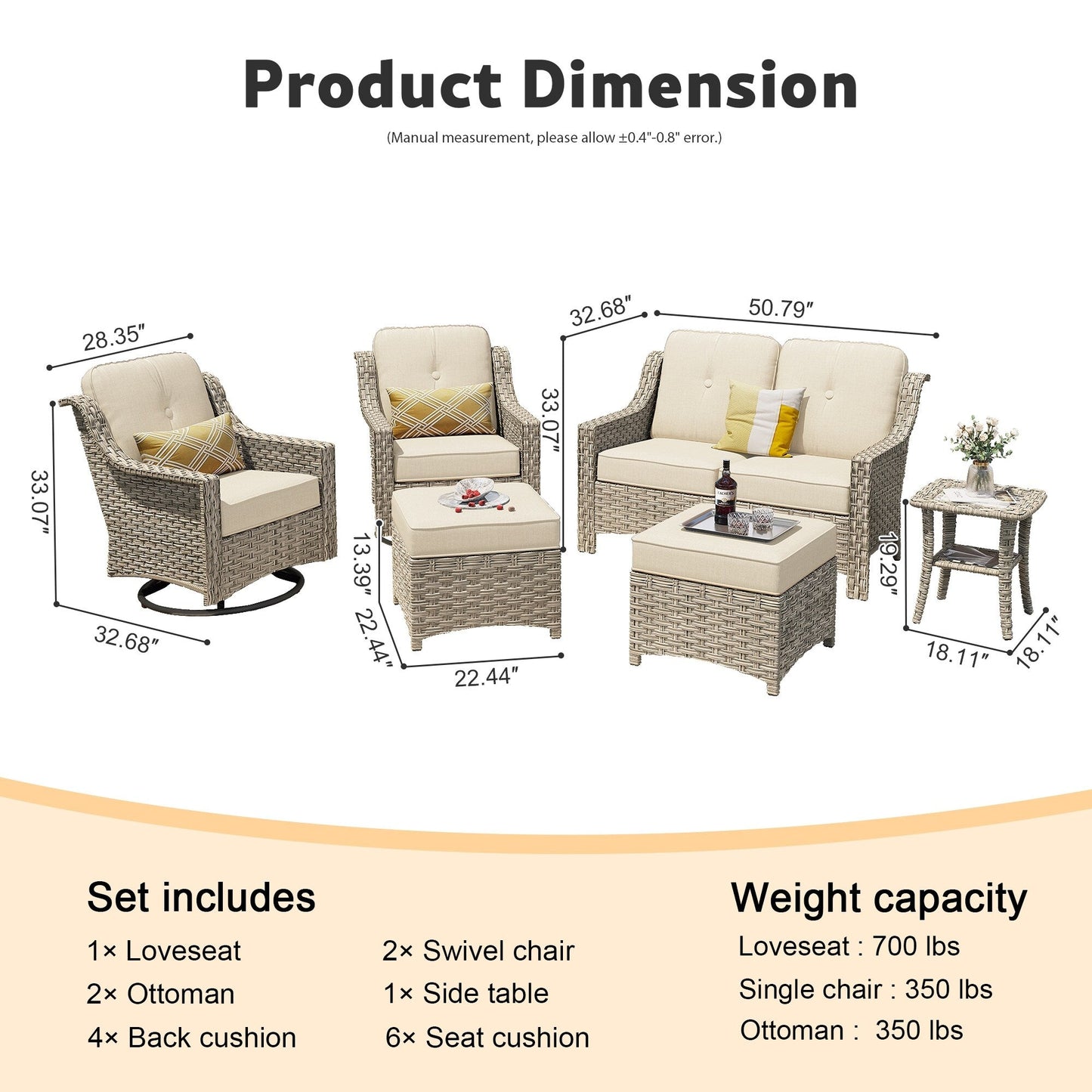 Set di mobili da esterno XIZZI da 6 pezzi con schienale alto e sedia girevole