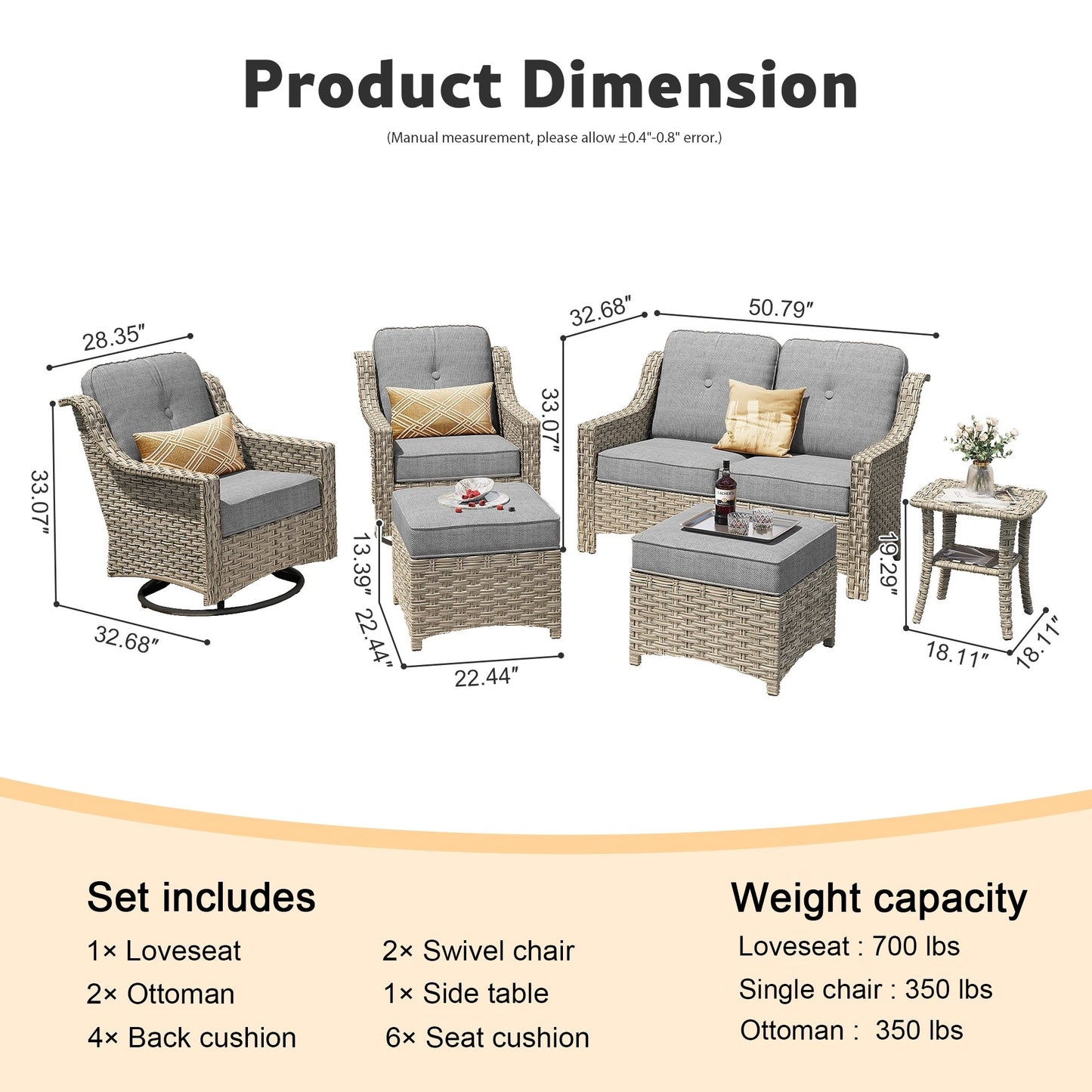 Set di mobili da esterno XIZZI da 6 pezzi con schienale alto e sedia girevole