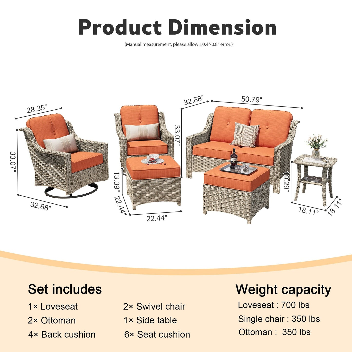 Set di mobili da esterno XIZZI da 6 pezzi con schienale alto e sedia girevole