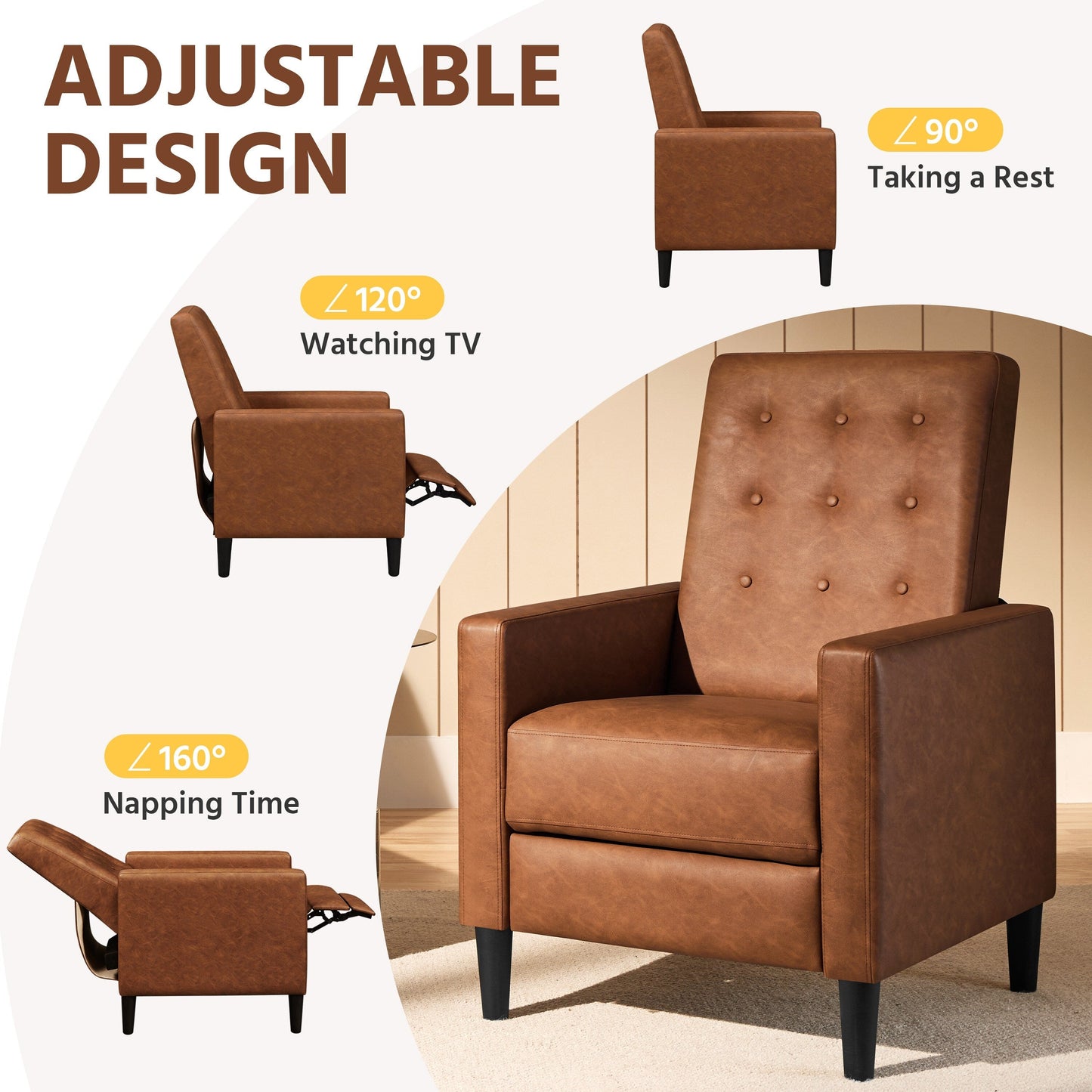 Divano moderno reclinabile in similpelle con poggiapiedi regolabile e imbottito Yaheetech