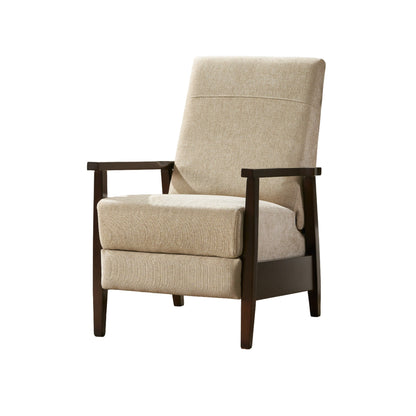 Poltrona reclinabile manuale Yahya, ergonomica in legno di caucciù marrone, tessuto beige sabbia