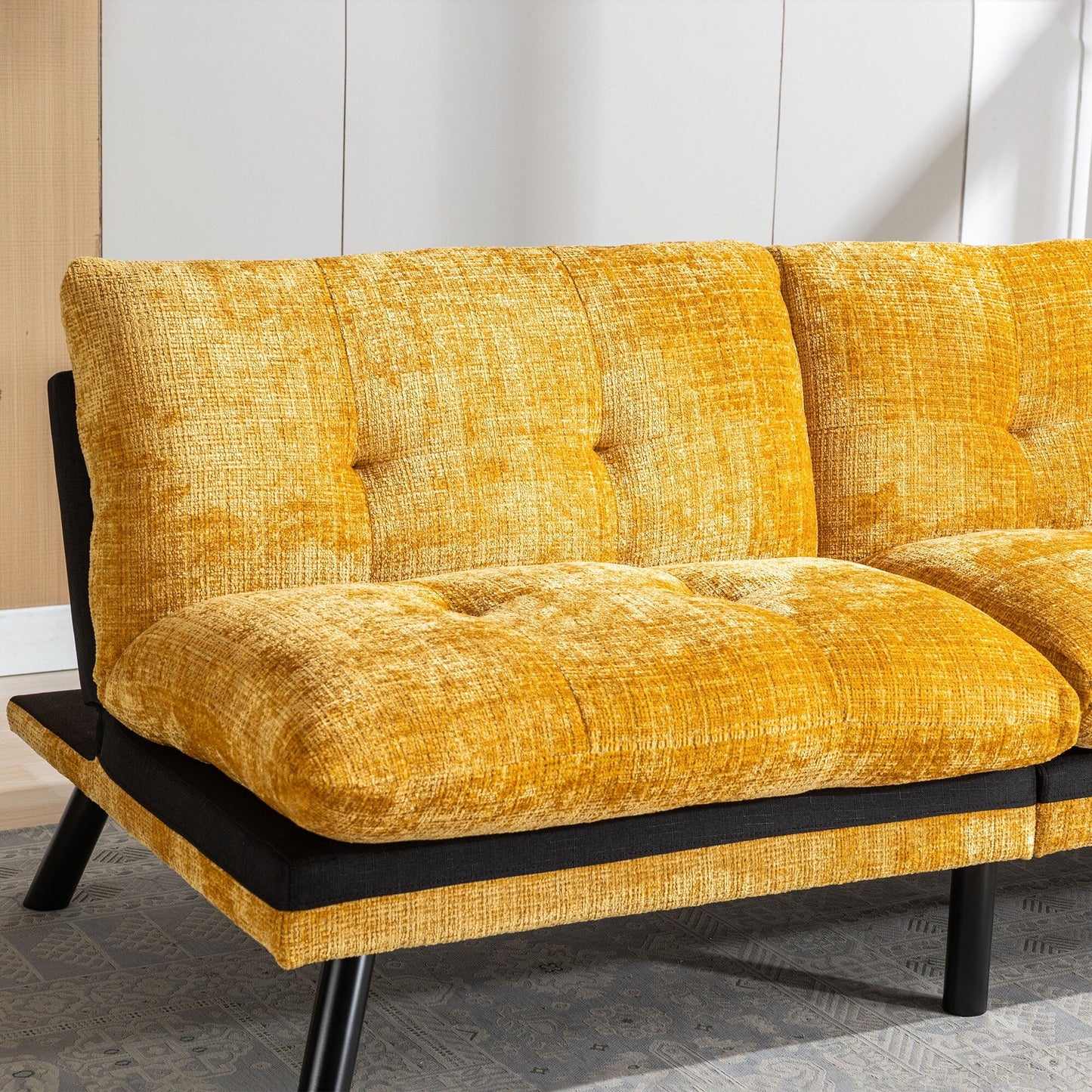 Divano letto futon convertibile in ciniglia giallo da 75,6 pollici con gambe in metallo per soggiorno