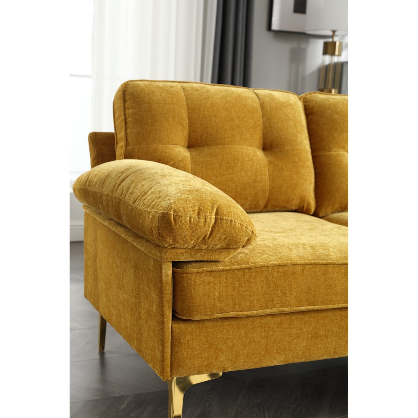 Divano a L in tessuto giallo 85 con struttura in legno, chaise longue e cuscini rinforzati a molle