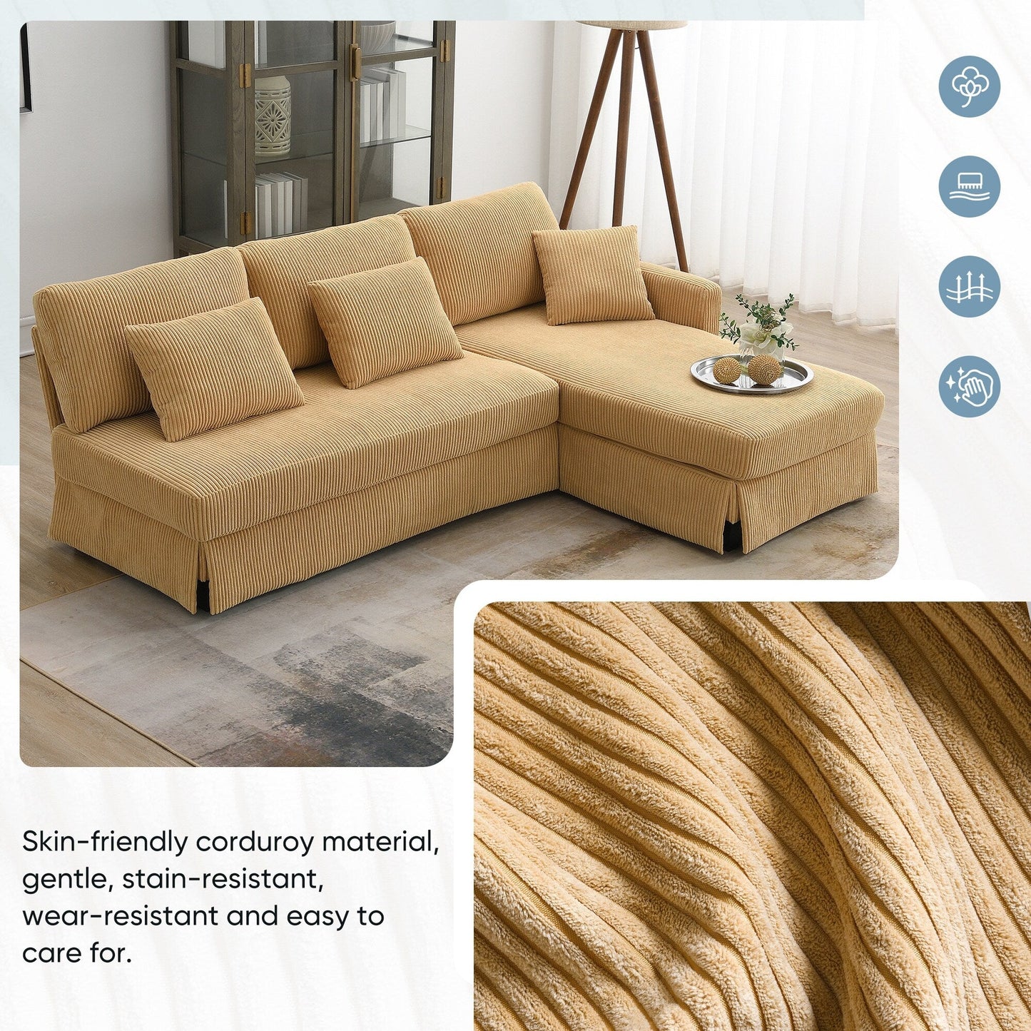 Divano a 3 posti a L giallo 87 con chaise longue reversibile e 3 cuscini, design salvaspazio per il soggiorno