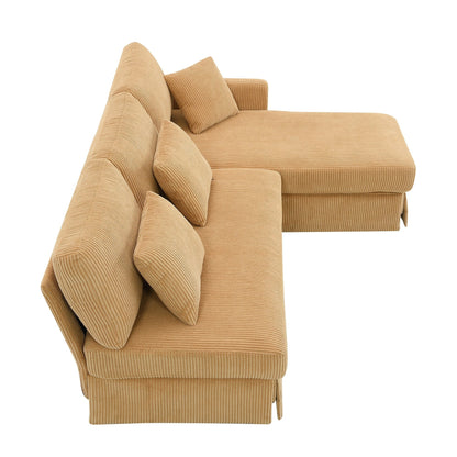 Divano a 3 posti a L giallo 87 con chaise longue reversibile e 3 cuscini, design salvaspazio per il soggiorno