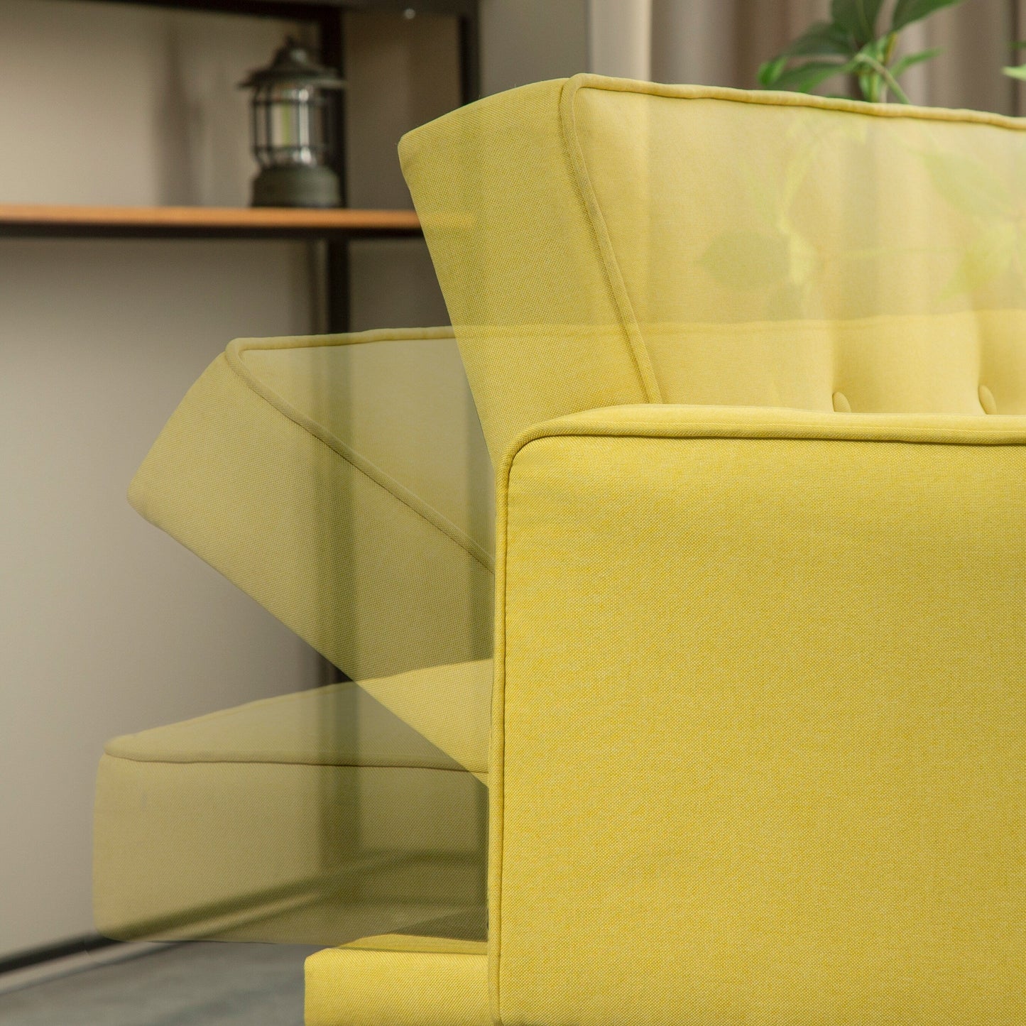 Divano letto futon convertibile giallo a 3 posti con gambe in legno