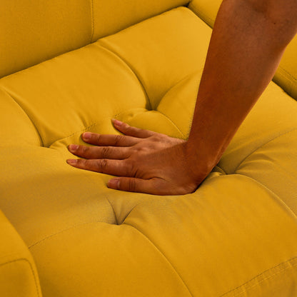 Divano a due posti imbottito con bottoni in schiuma gialla e gambe in ferro