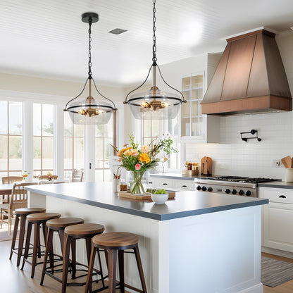 Lampadario Zelena Modern Farmhouse in vetro nero e oro a 3 luci per isola cucina sala da pranzo