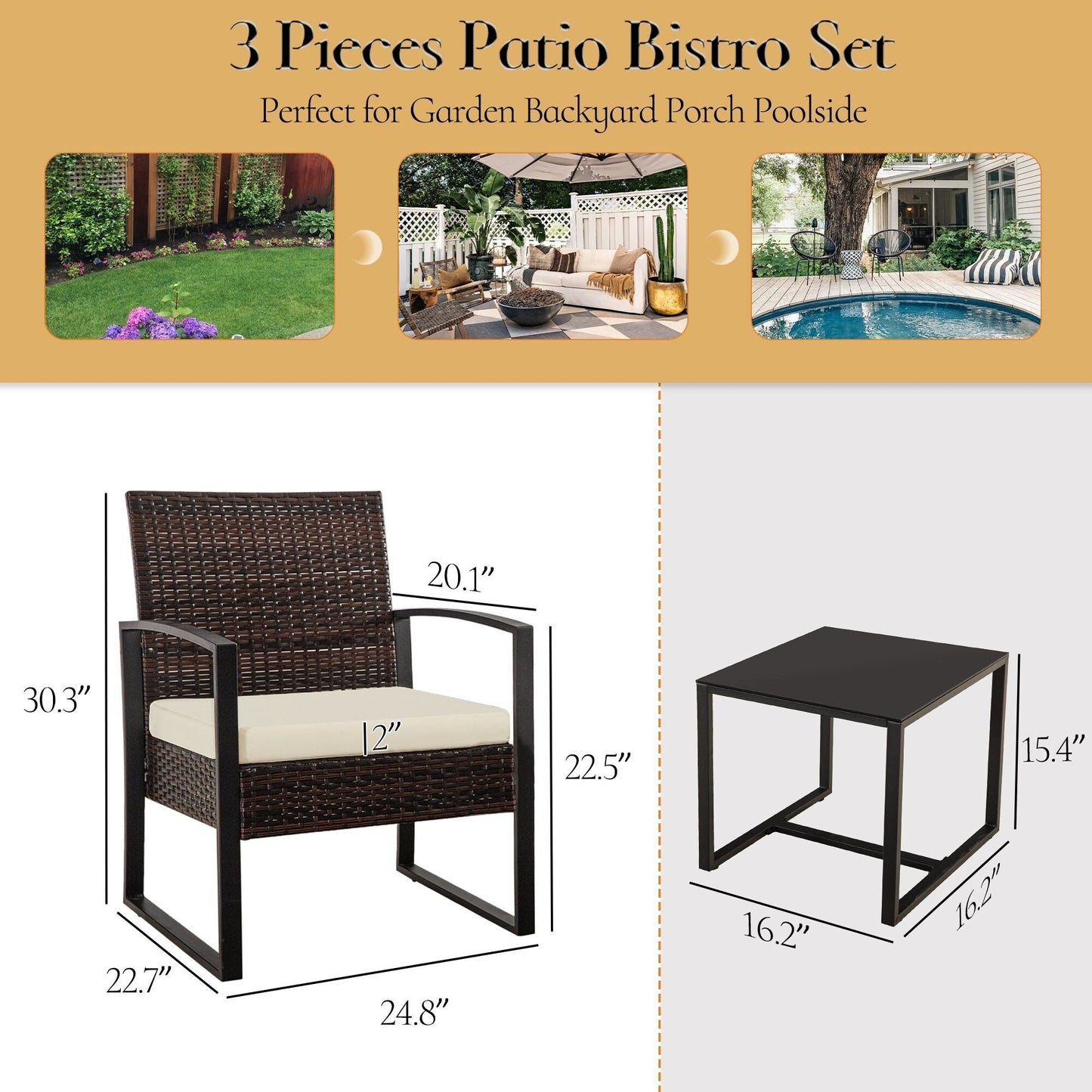 Set da giardino Zenova da 3 pezzi, tavolo e sedie in vimini, set da 2, mobili da balcone in rattan resistenti alle intemperie