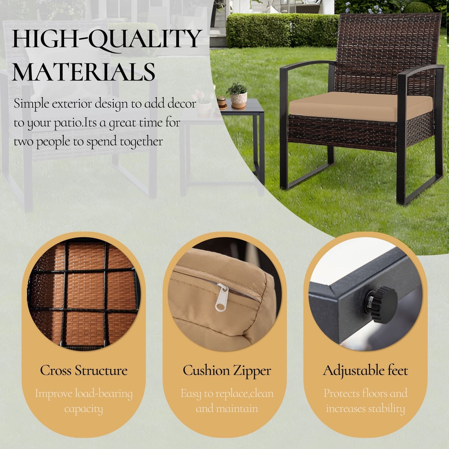 Set da giardino Zenova da 3 pezzi, tavolo e sedie in vimini, set da 2, mobili da balcone in rattan resistenti alle intemperie